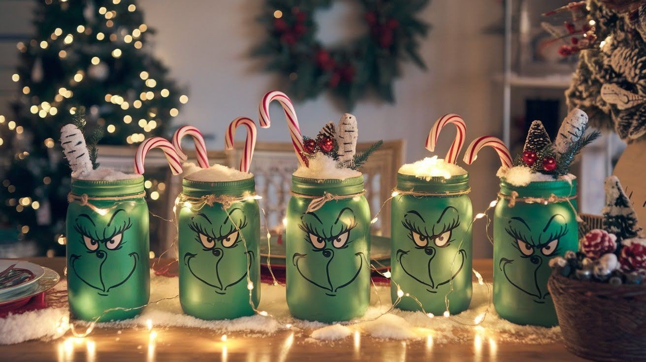 Grinch Mason Jar Centerpieces
